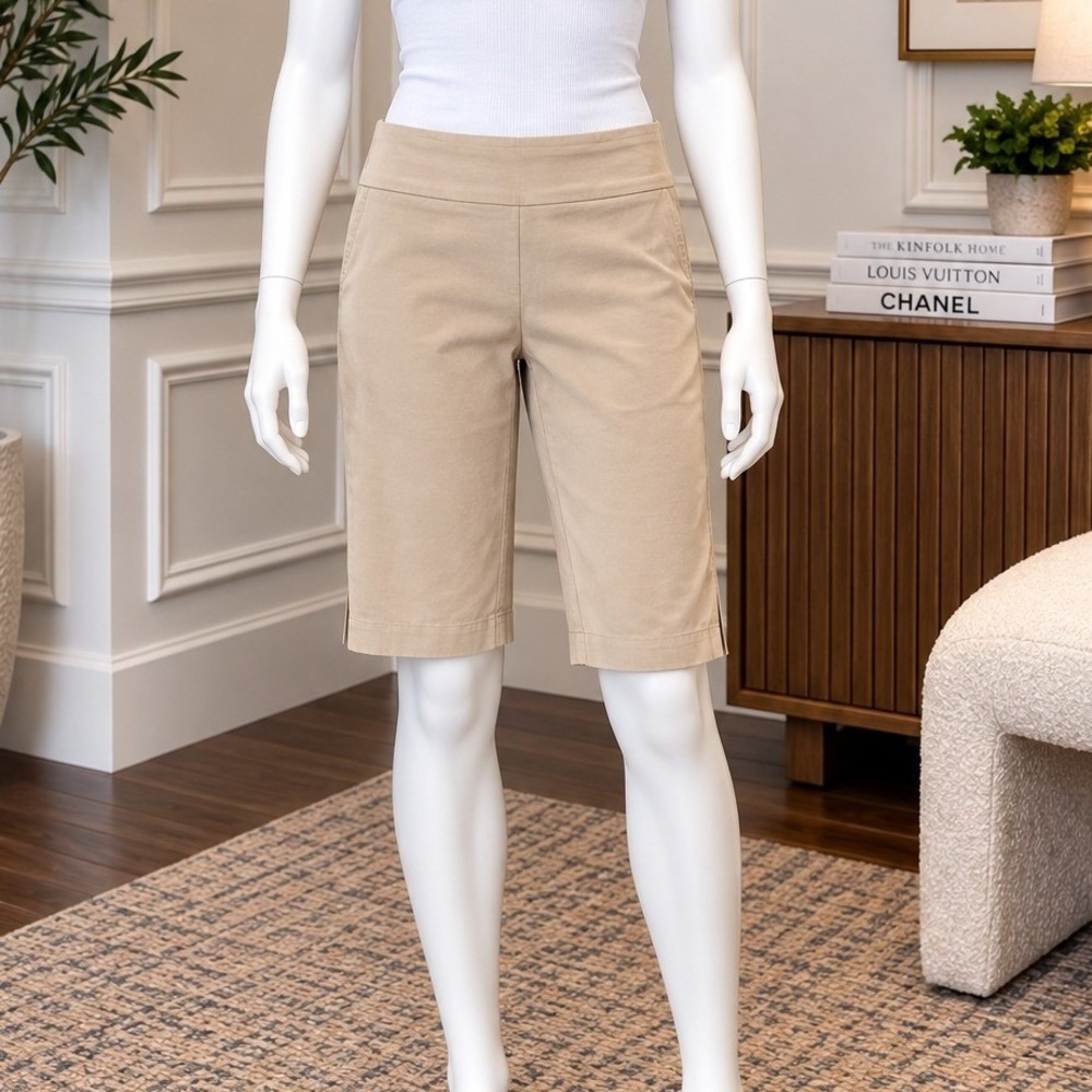 Peck & Peck Women Shorts Tan Pull-On Stretch Bermuda Knee Length Size 6